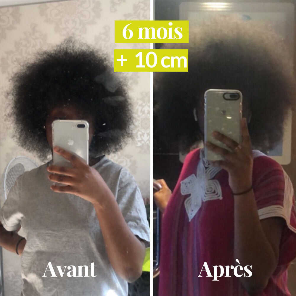 Avant-après 6 mois de cure Les Confiantes, résultats visibles sur la santé et la beauté des cheveux.