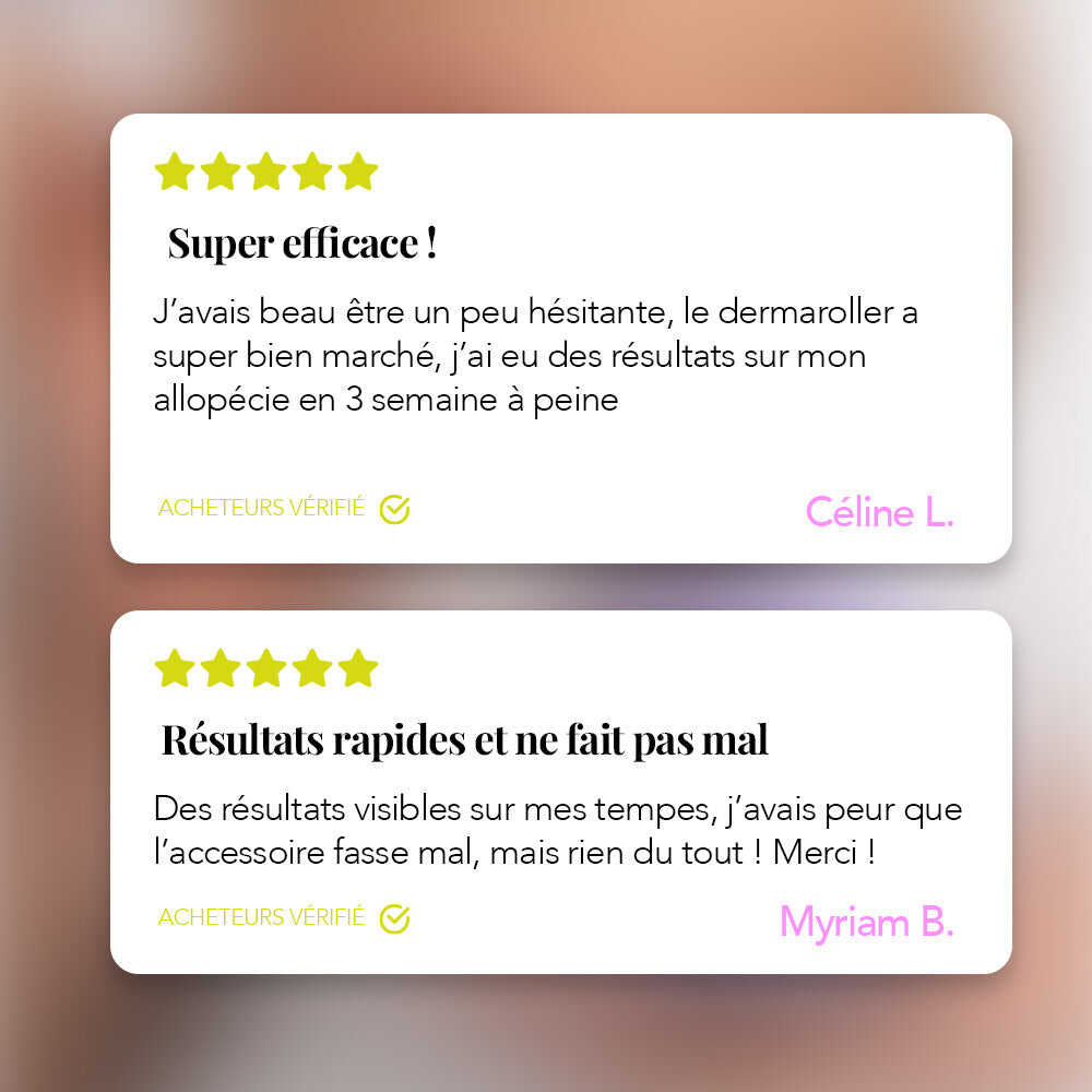 Avis client sur le pack Croissance Intense Les Confiantes avec sérum Dermaroller et Cacao Boost contre l’alopécie, résultats visibles.