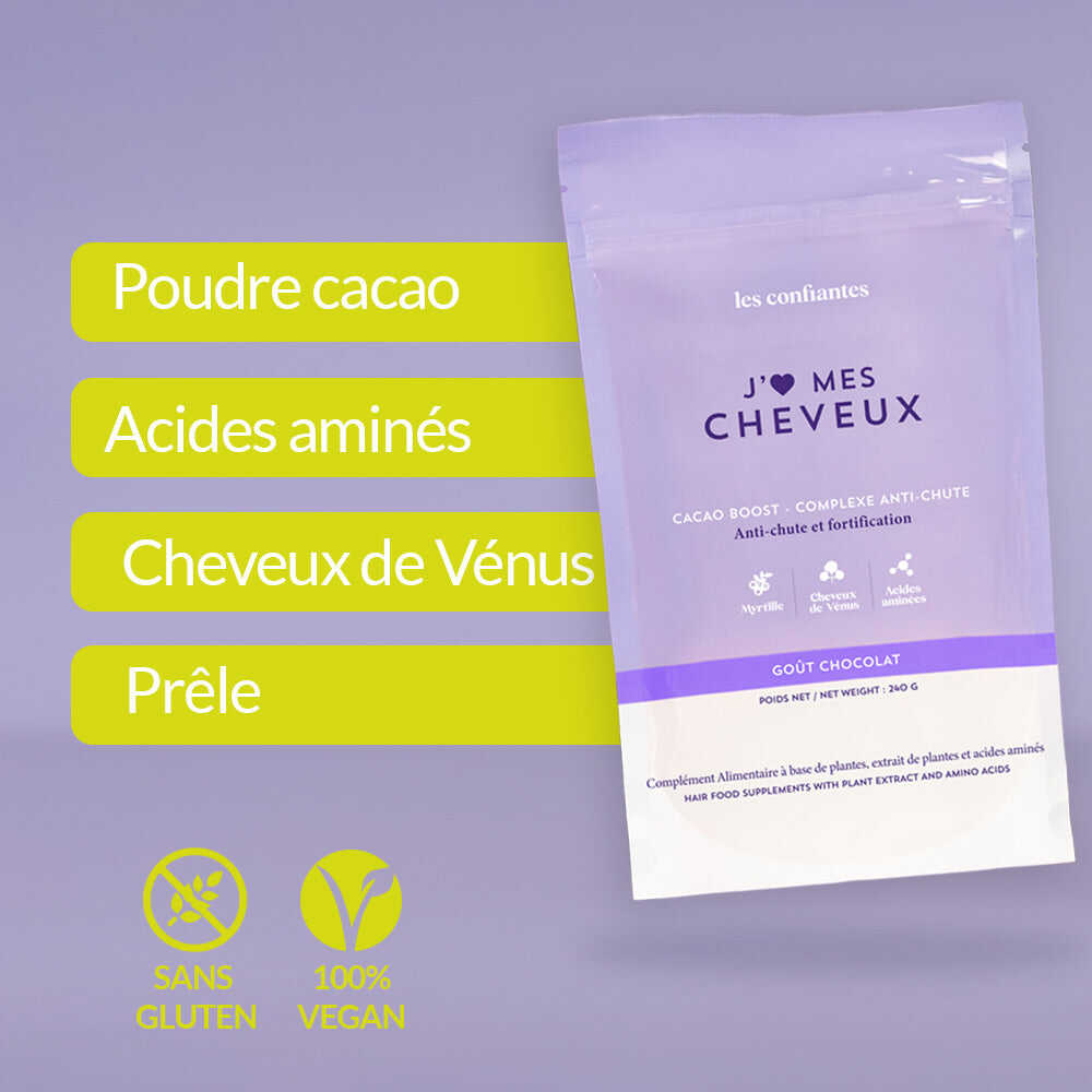 Cacao Boost Chocolat vegan et sans gluten Les Confiantes, complément naturel pour renforcer et nourrir les cheveux.