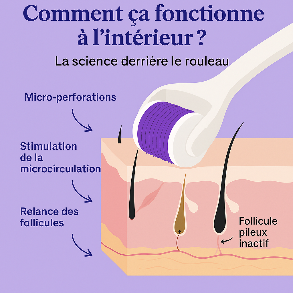 Schéma explicatif du fonctionnement du Dermaroller Les Confiantes pour stimuler la repousse des cheveux via la microcirculation