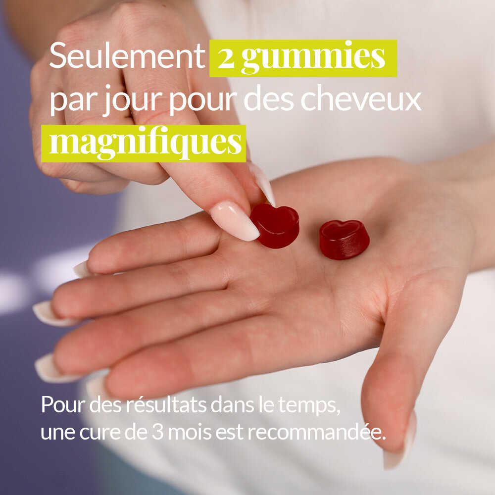 Seulement 2 gummies par jour pour des cheveux forts