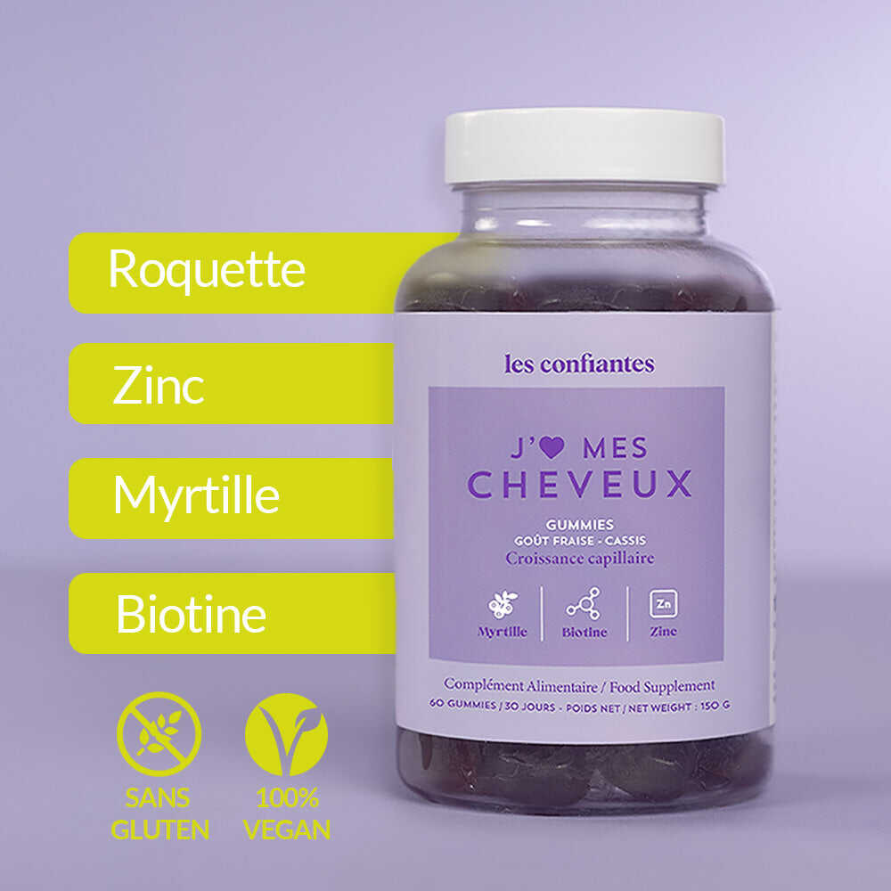 Gummies vegan et sans gluten Les Confiantes, complément naturel pour la santé des cheveux.