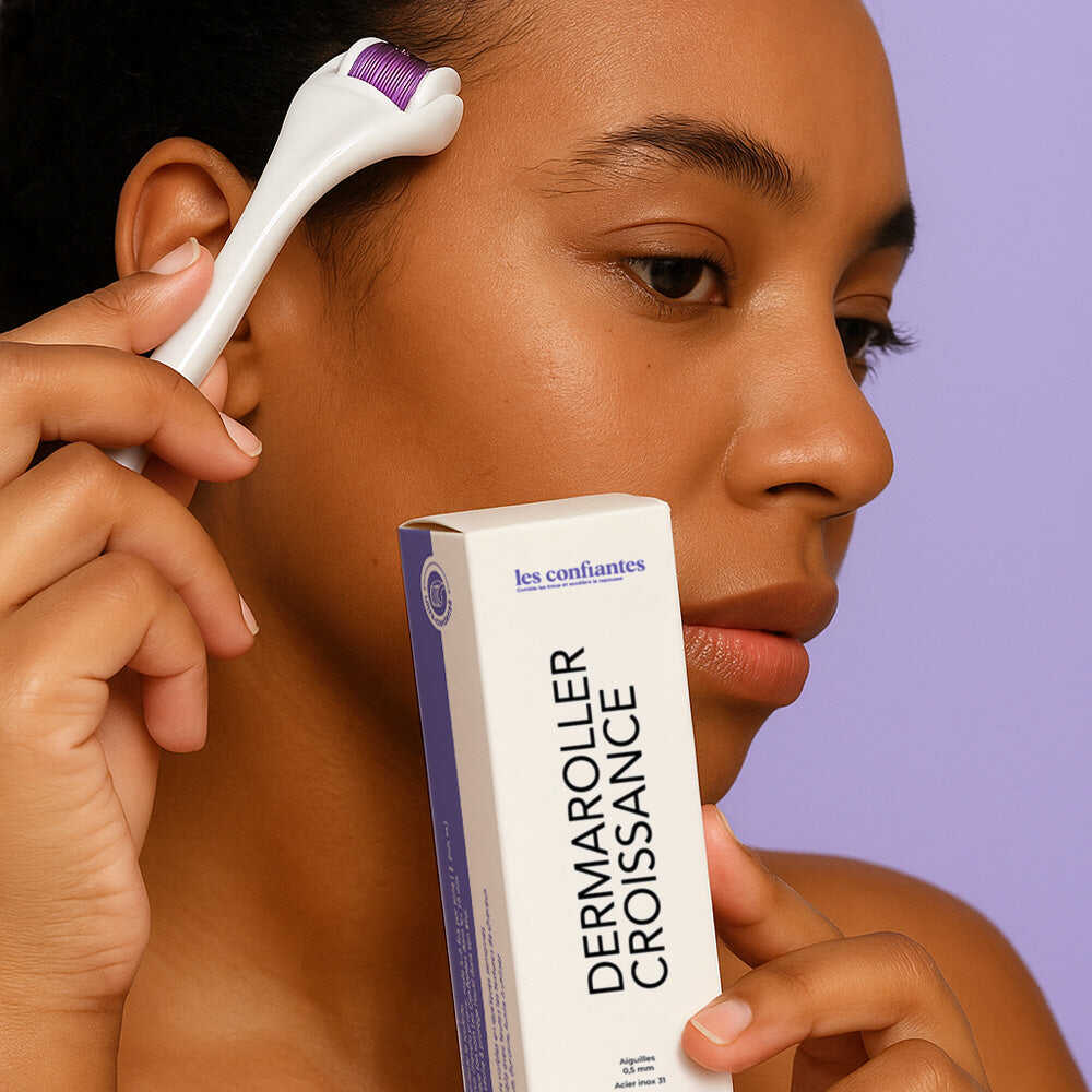 Femme noire utilisant le Dermaroller Les Confiantes pour booster la pousse des cheveux naturellement.
