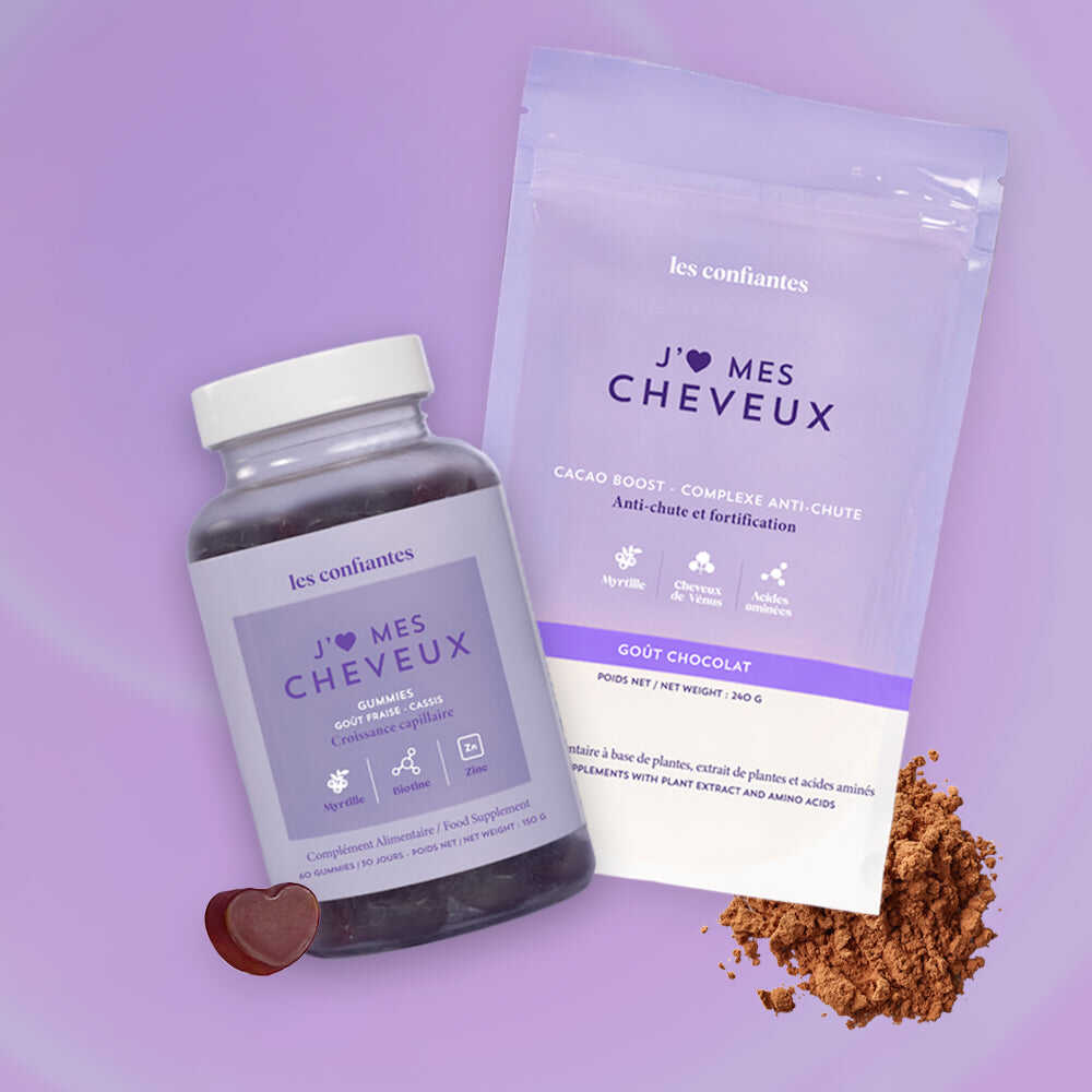 Pack Volume Express avec Cacao Boost Chocolat et Gummies Les Confiantes, pour un volume et une santé capillaire renforcés naturellement.