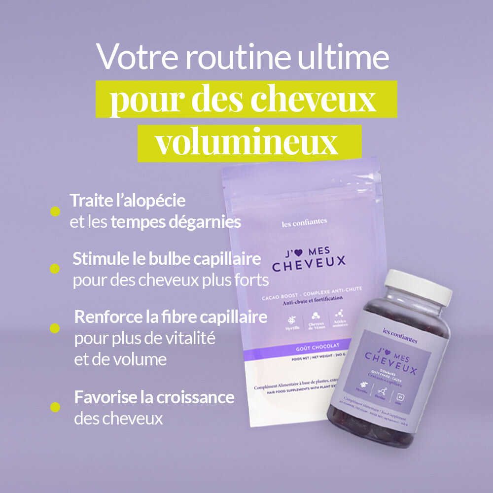 Pack Volume Express avec Cacao Boost Chocolat et Gummies Les Confiantes, pour un volume et une santé capillaire renforcés naturellement.
