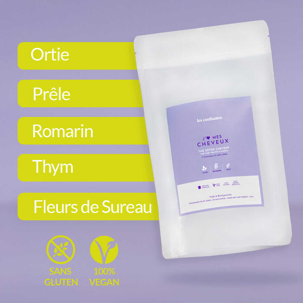 Thé Vert Detox Les Confiantes, stimule la croissance et la densité des cheveux naturellement grâce à ses ingrédients detox.