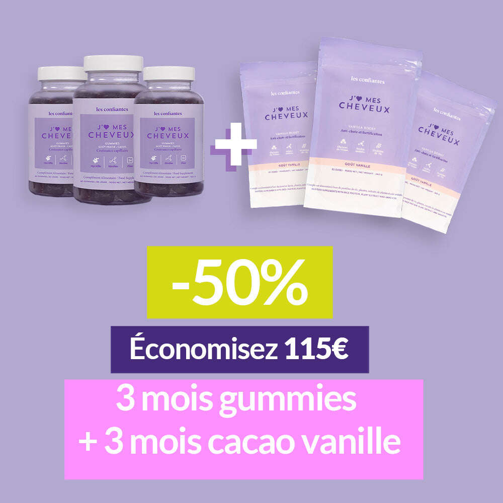 Soldes -50% sur le pack gummies et Cacao Boost  Les Confiantes pour  faire pousser et ralentir la chute des cheveux 