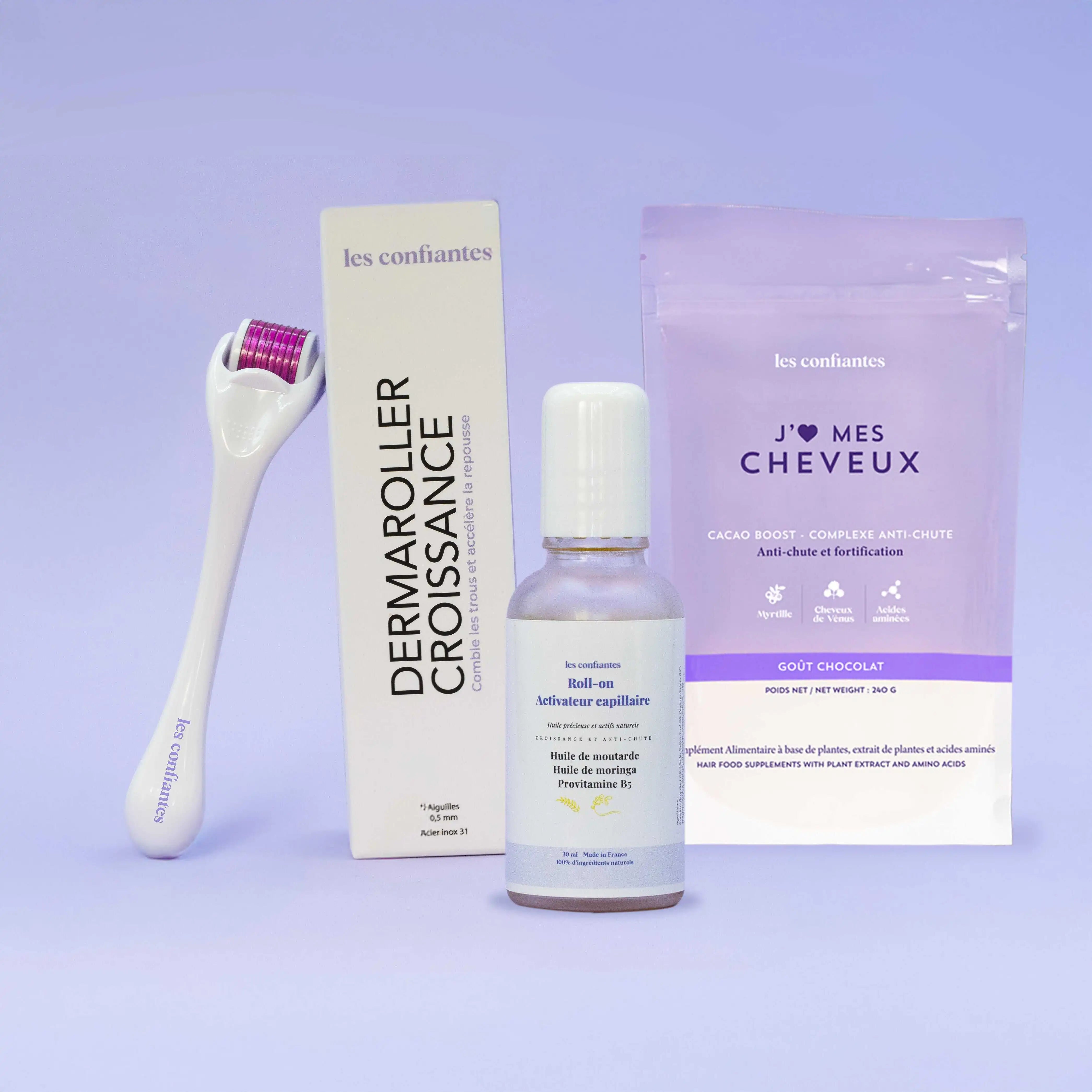 Pack Croissance Intense – Sérum + Dermaroller + Cacao Boost Les Confiantes