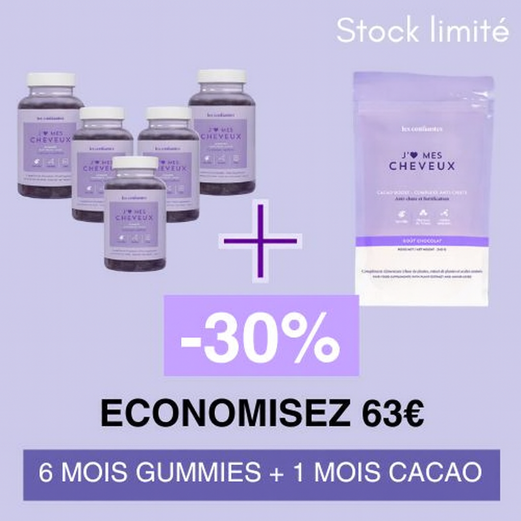 Pack cure cheveux 6 mois Gummies + 1 mois Cacao Boost - Soldes -30% Les Confiantes