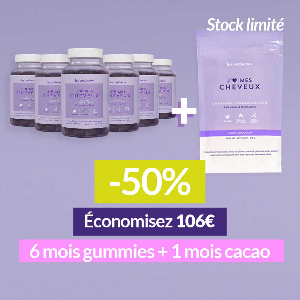 Pack cure cheveux 6 mois Gummies + 1 mois Cacao Boost - Soldes -50% Les Confiantes
