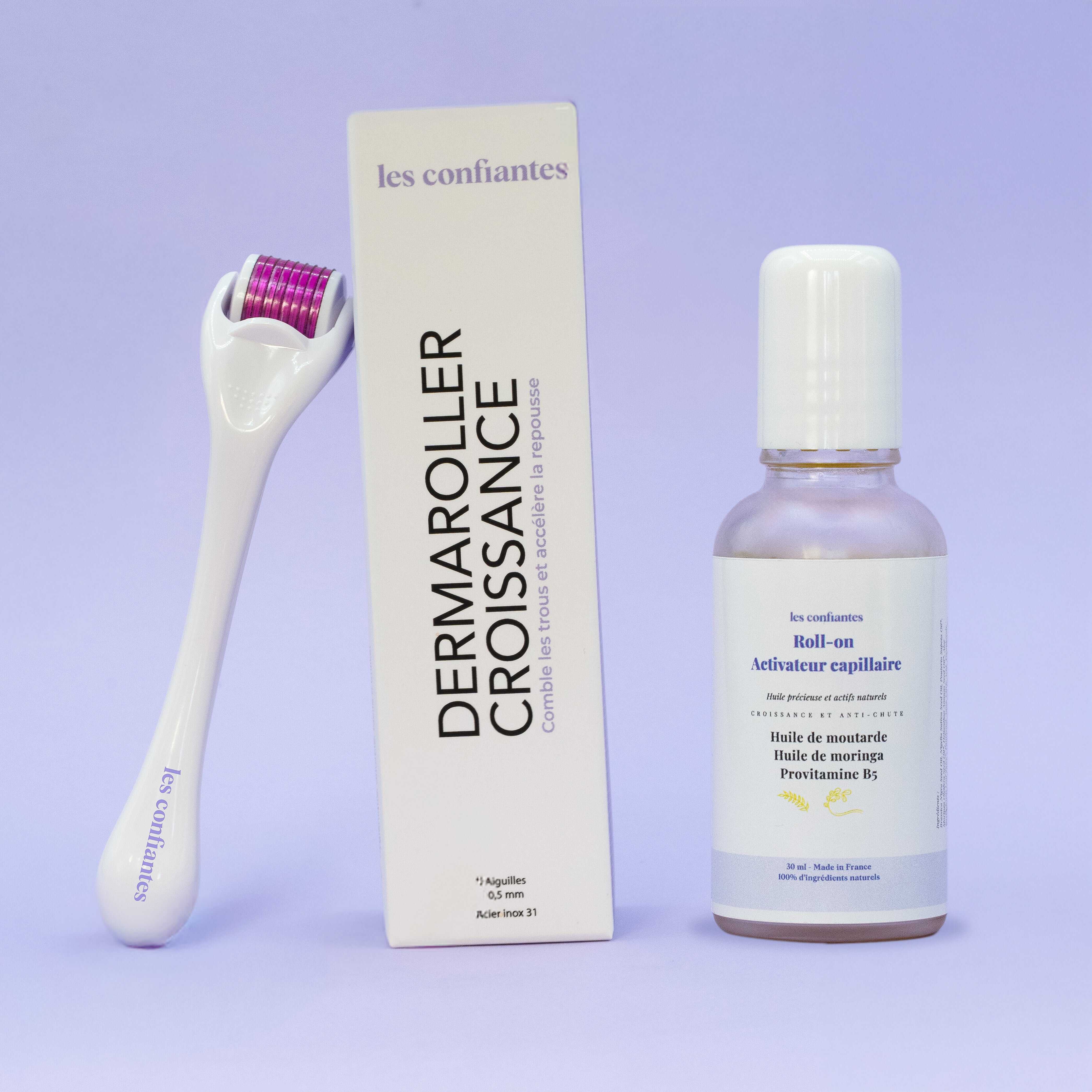 Pack Serum roll-on et Dermaroller Les Confiantes, la routine experte pour booster la pousse des cheveux naturellement.