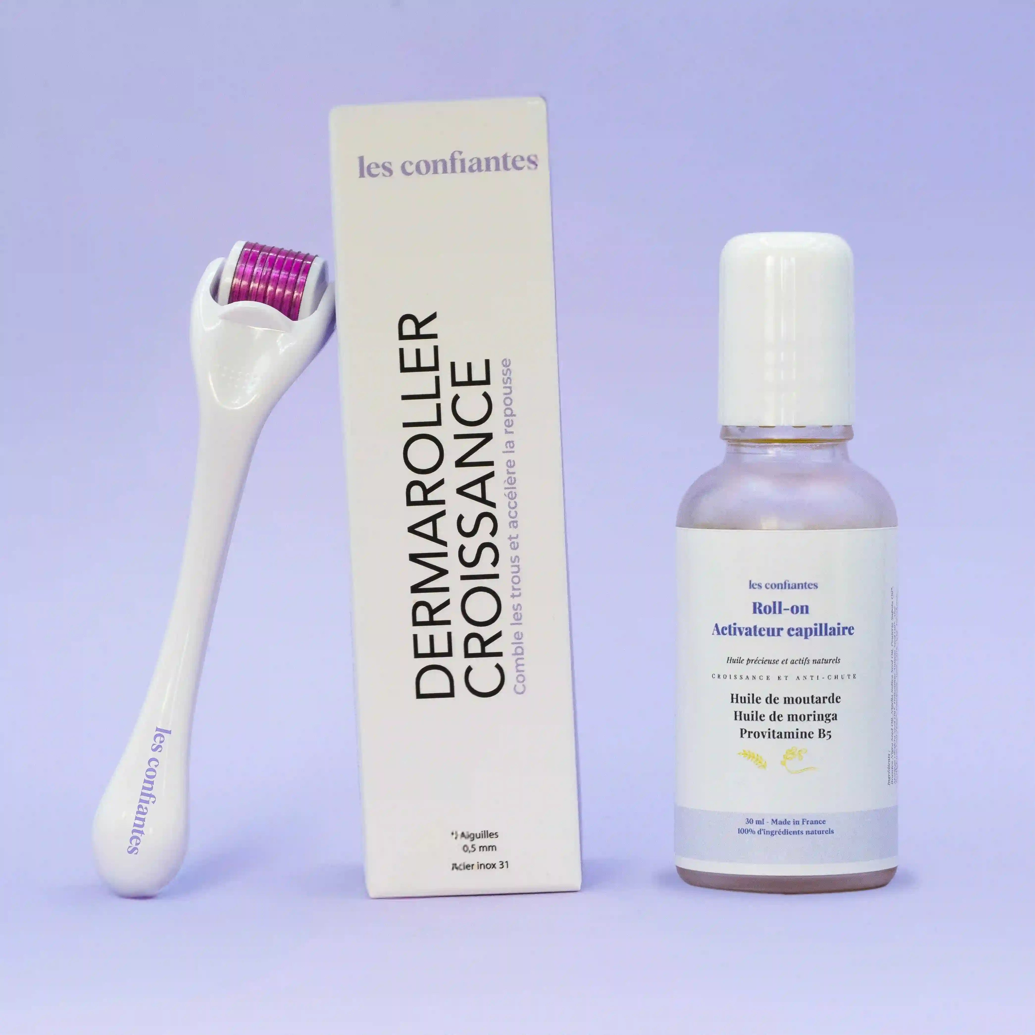 Pack Serum roll-on et Dermaroller Les Confiantes, la routine experte pour booster la pousse des cheveux naturellement.